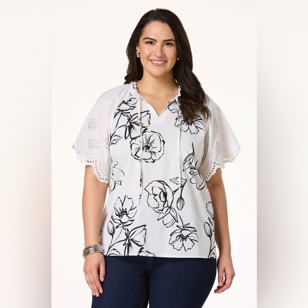 ❄️ Cato | PLUS SIZE FLORAL EYELET CLIP DOT TOP SIZE 14/16 BRIGHT WHITE